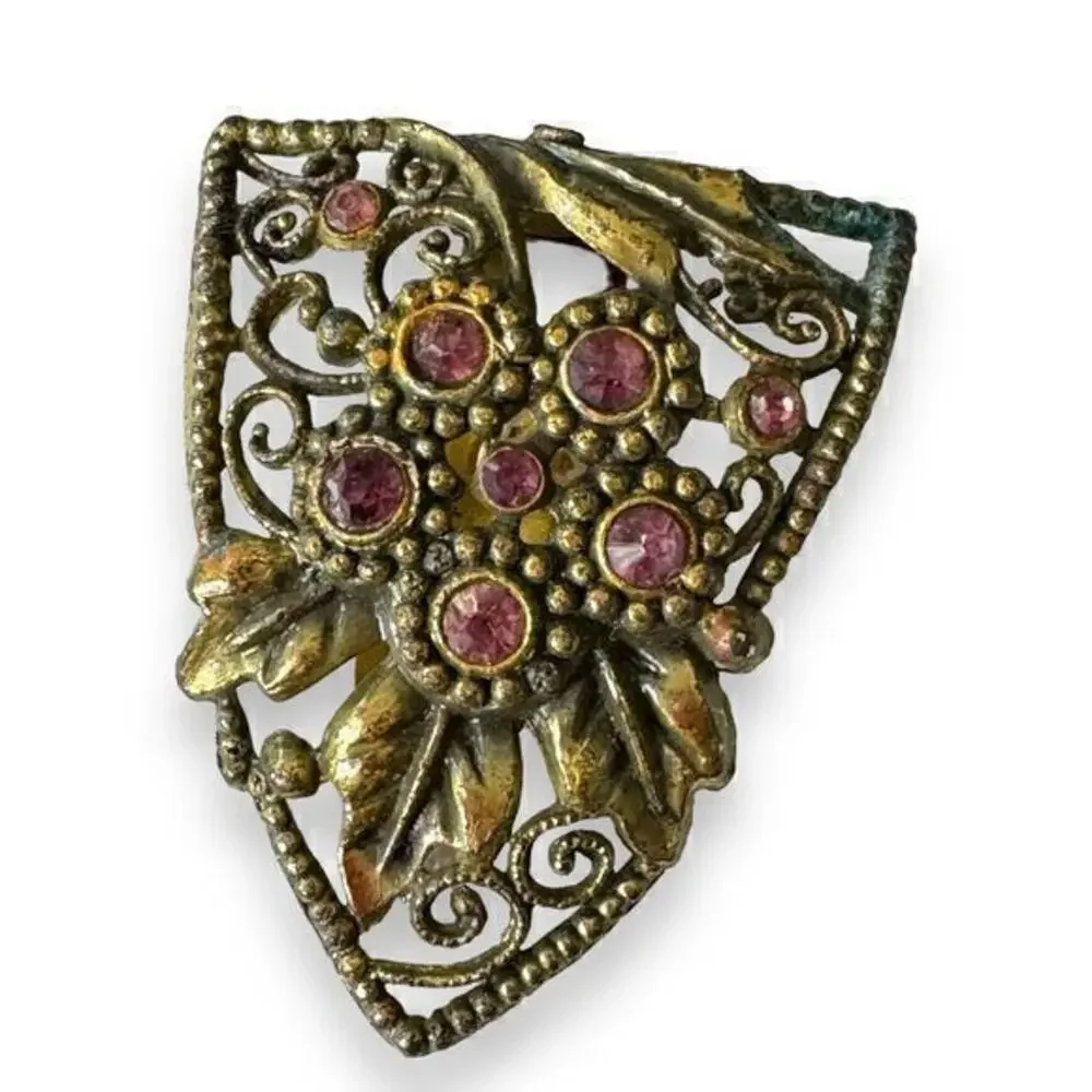 Vintage Floral 1920’s Purple Amethyst Rhinestone Dress Clip Gold Tone Triangular